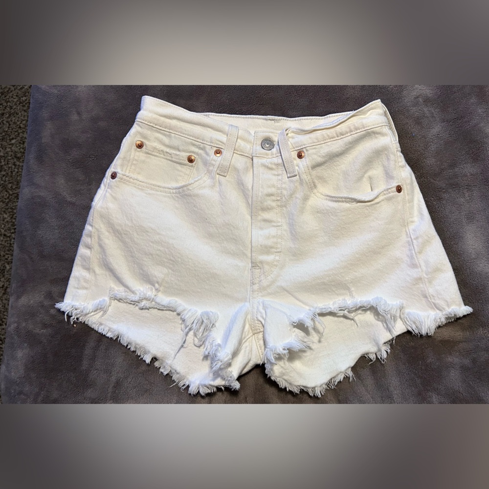 Levi's 501 White Distressed High Rise Denim Shorts